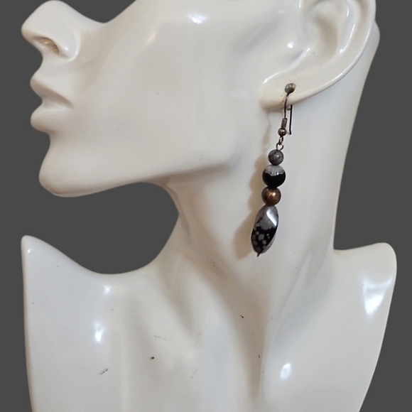 HANDMADE Gray Marbled Snowflake Obsidian Beaded Dangle Hook Earrings - Picture 1 of 4